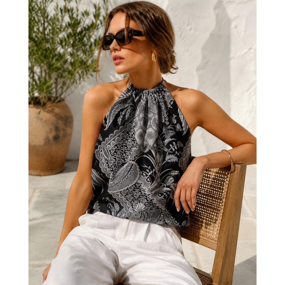 Vintage Y2K Trina Turk Halter Top Black White Cotton Paisley Size 8 Boho Chic